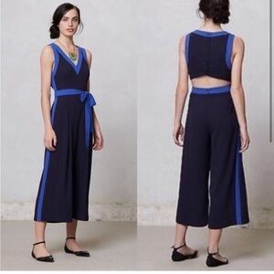 Anthropologie Elevenses Beca Jumpsuit Belted Cutout Back Wide Leg Cropped Blue 8